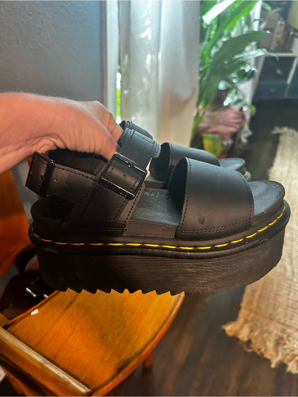 Dr. Martens Black Platform Sandals with Yellow Stitching